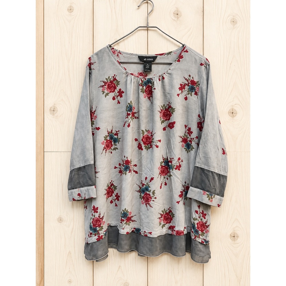 Ali Miles Womens XL Gray Floral Embroidered Button Back 3/4 Sleeve Tunic Blouse